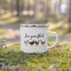 Love Your Flock enamel mug – durable, lightweight camping mug with chicken-themed design, perfect for chicken lovers and outdoor enthusiasts.