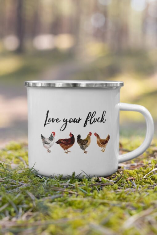 Love Your Flock enamel mug – durable, lightweight camping mug with chicken-themed design, perfect for chicken lovers and outdoor enthusiasts.