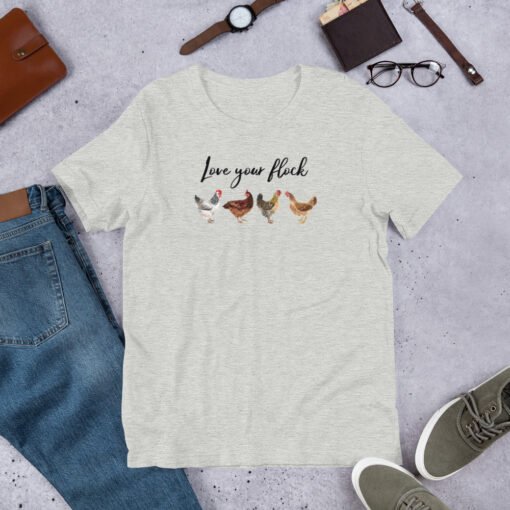 Athletic Heather 'Love Your Flock' unisex T-shirt – soft and stylish chicken lover tee with heart and hen graphic, perfect for backyard flock owners and homesteaders.
