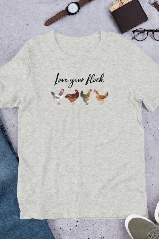 Athletic Heather 'Love Your Flock' unisex T-shirt – soft and stylish chicken lover tee with heart and hen graphic, perfect for backyard flock owners and homesteaders.