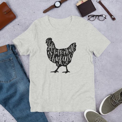 Athletic Heather 'Life Is Better With Chickens' unisex T-shirt – cozy farm-themed shirt for chicken keepers, homesteaders, and rural lifestyle fans.