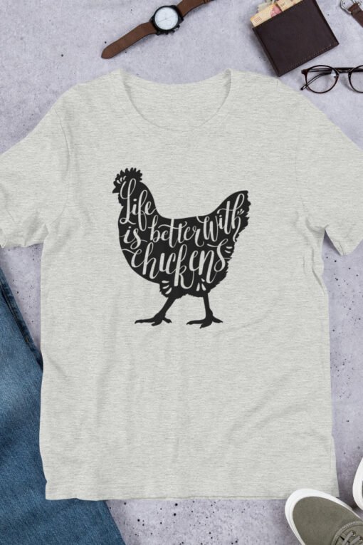 Athletic Heather 'Life Is Better With Chickens' unisex T-shirt – cozy farm-themed shirt for chicken keepers, homesteaders, and rural lifestyle fans.