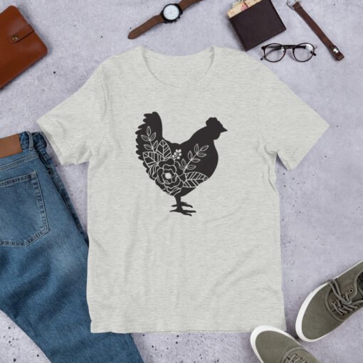 Athletic Heather Floral Chicken unisex T-shirt – cozy gray tee with floral chicken graphic, perfect for poultry lovers and backyard farmers.