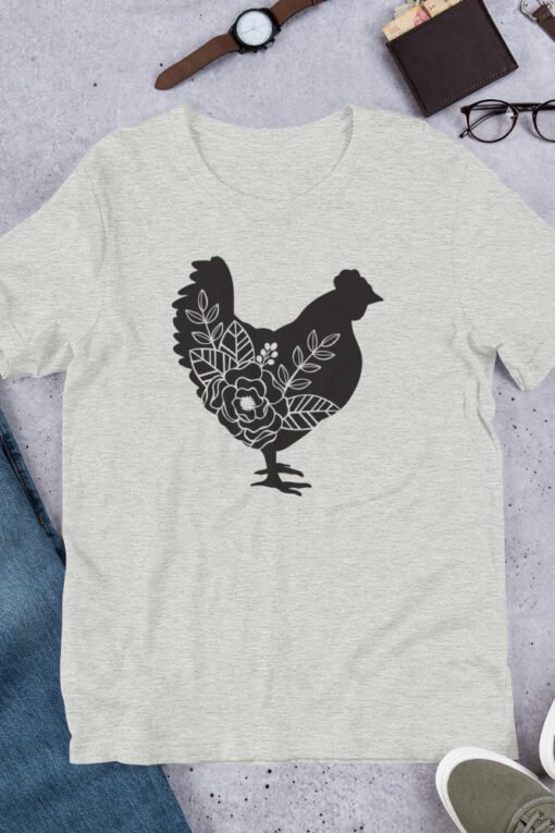 Athletic Heather Floral Chicken unisex T-shirt – cozy gray tee with floral chicken graphic, perfect for poultry lovers and backyard farmers.