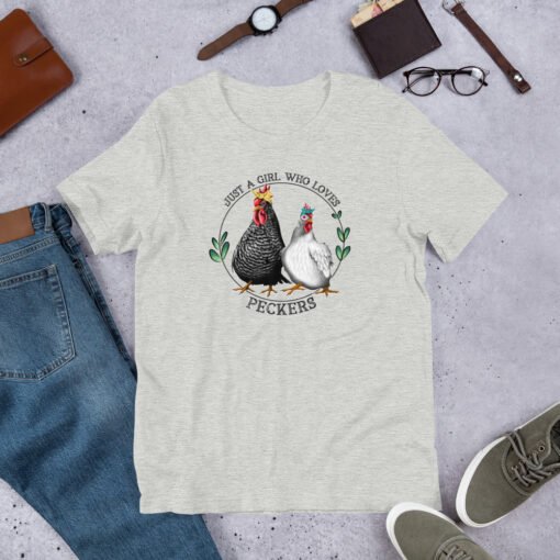 Athletic Heather 'Just a Girl Who Loves Peckers' unisex T-shirt – funny rooster shirt for chicken lovers, farm girls, and poultry-obsessed women.