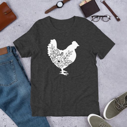 Dark Grey Heather Floral Chicken unisex T-shirt – stylish dark grey tee featuring a vibrant floral chicken design, perfect for chicken lovers and backyard farmers.