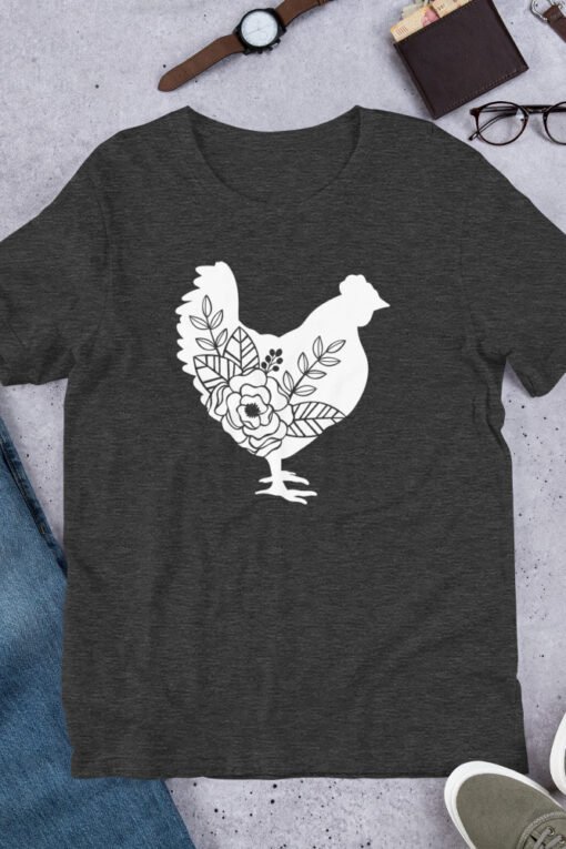 Dark Grey Heather Floral Chicken unisex T-shirt – stylish dark grey tee featuring a vibrant floral chicken design, perfect for chicken lovers and backyard farmers.