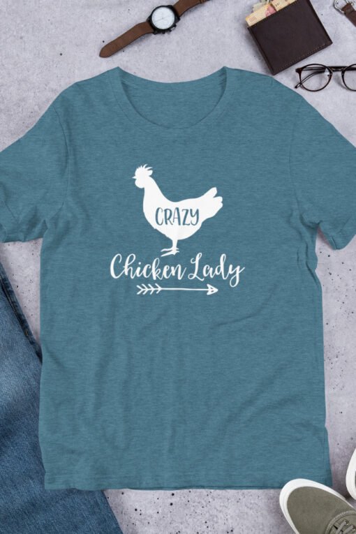 Heather Deep Teal 'Crazy Chicken Lady' unisex T-shirt – bold and funny chicken shirt for backyard poultry lovers and quirky farm girls.