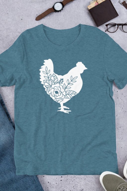 Heather Deep Teal Floral Chicken unisex T-shirt – deep teal colored shirt with colorful floral chicken graphic, ideal for homesteaders and farm girls.