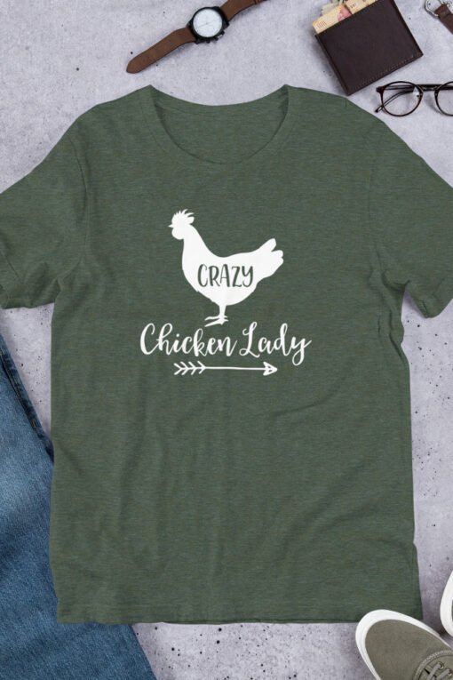 Heather Forest 'Crazy Chicken Lady' unisex T-shirt – dark green chicken-themed shirt for nature-loving chicken moms and homesteaders.