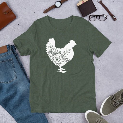 Heather Forest Floral Chicken unisex T-shirt – rich green tee with floral chicken artwork, great for nature lovers and backyard flock keepers.