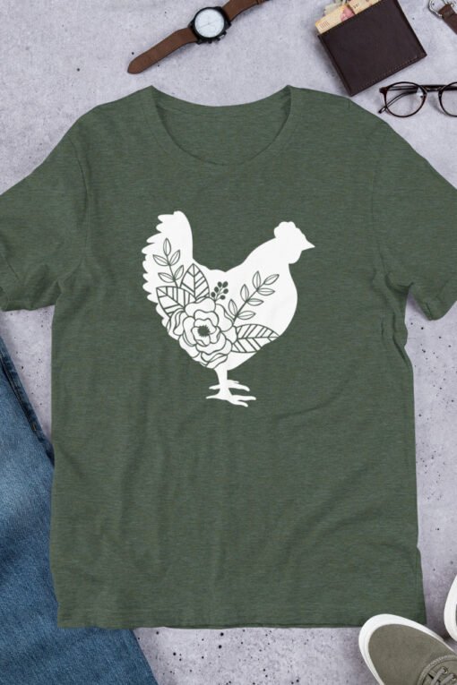 Heather Forest Floral Chicken unisex T-shirt – rich green tee with floral chicken artwork, great for nature lovers and backyard flock keepers.