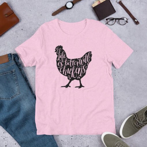 Heather Prism Lilac 'Life Is Better With Chickens' T-shirt – soft purple tee for chicken moms, poultry lovers, and farm life fans.