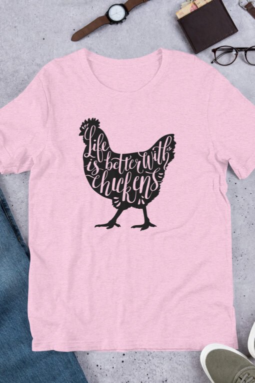 Heather Prism Lilac 'Life Is Better With Chickens' T-shirt – soft purple tee for chicken moms, poultry lovers, and farm life fans.
