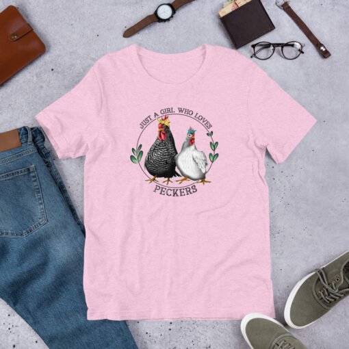 Heather Prism Lilac 'Just a Girl Who Loves Peckers' tee – light purple chicken lover shirt with humorous rooster design, perfect for farm lifestyle fans.