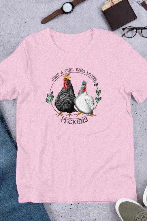Heather Prism Lilac 'Just a Girl Who Loves Peckers' tee – light purple chicken lover shirt with humorous rooster design, perfect for farm lifestyle fans.