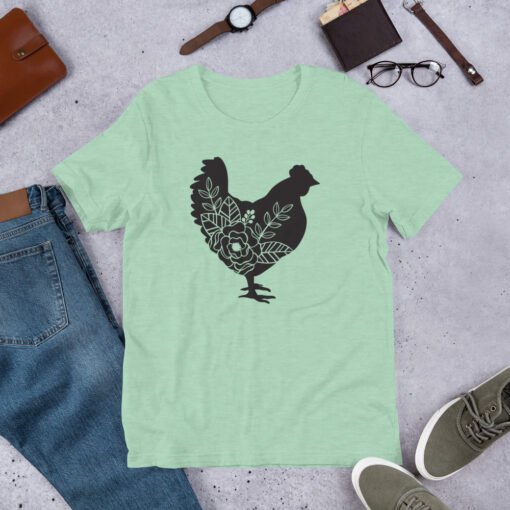 Heather Prism Mint Floral Chicken T-shirt – light green unisex tee with boho floral chicken design, ideal for homesteaders and coop keepers.