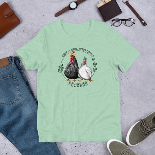Heather Prism Mint 'Just a Girl Who Loves Peckers' unisex T-shirt – soft green shirt for rooster-loving girls and backyard chicken enthusiasts.