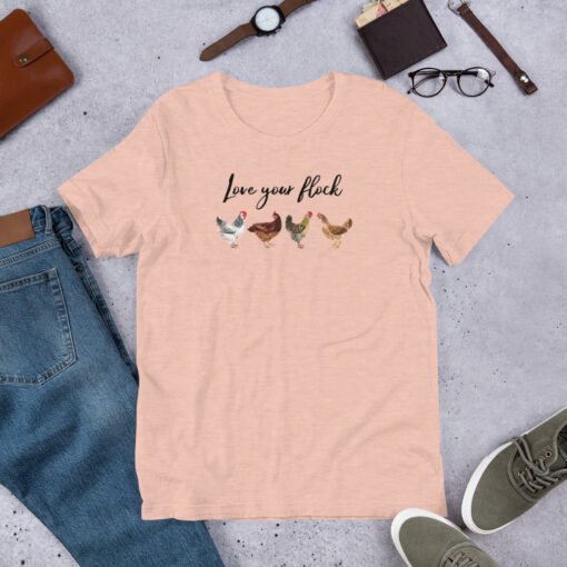 Heather Prism Peach 'Love Your Flock' unisex T-shirt – cozy and colorful tee for chicken keepers and rural lifestyle lovers, featuring charming flock-themed artwork.