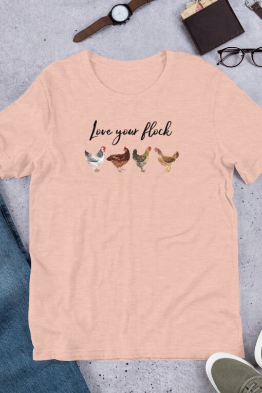 Heather Prism Peach 'Love Your Flock' unisex T-shirt – cozy and colorful tee for chicken keepers and rural lifestyle lovers, featuring charming flock-themed artwork.
