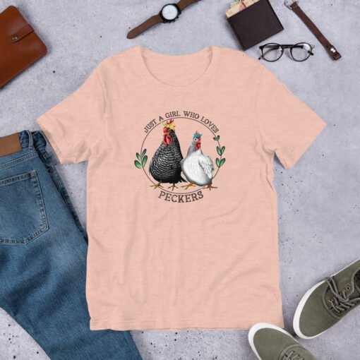 Heather Prism Peach 'Just a Girl Who Loves Peckers' tee – peach-colored farm girl shirt with funny rooster print, ideal for chicken coop queens.