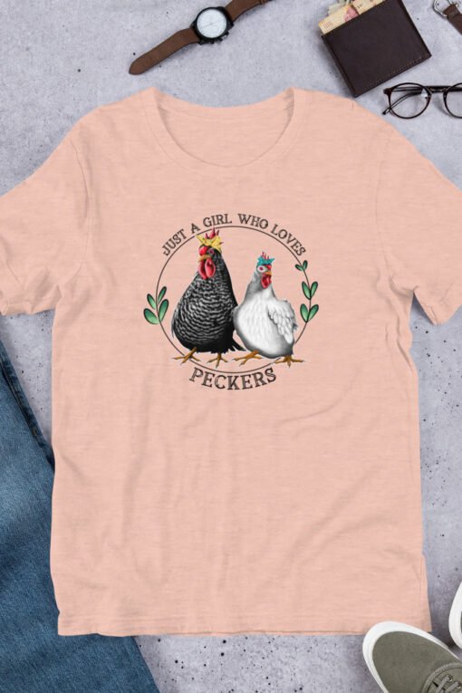 Heather Prism Peach 'Just a Girl Who Loves Peckers' tee – peach-colored farm girl shirt with funny rooster print, ideal for chicken coop queens.