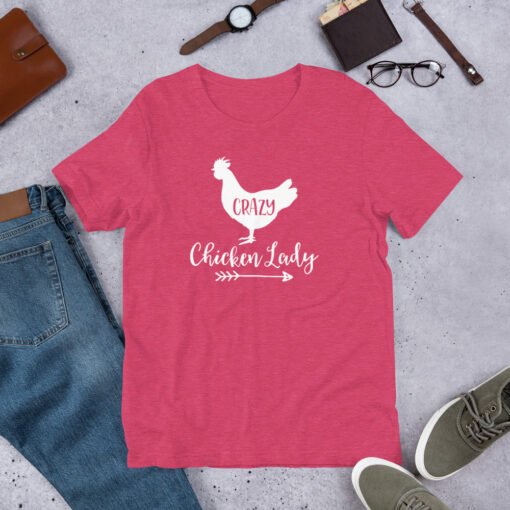 Heather Raspberry 'Crazy Chicken Lady' unisex T-shirt – playful and bright pink tee for chicken enthusiasts and backyard flock keepers.