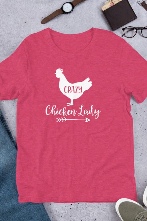 Heather Raspberry 'Crazy Chicken Lady' unisex T-shirt – playful and bright pink tee for chicken enthusiasts and backyard flock keepers.