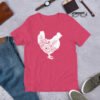 Heather Raspberry Floral Chicken unisex T-shirt – bright raspberry pink shirt featuring a floral chicken print, perfect for chicken moms and farm enthusiasts.
