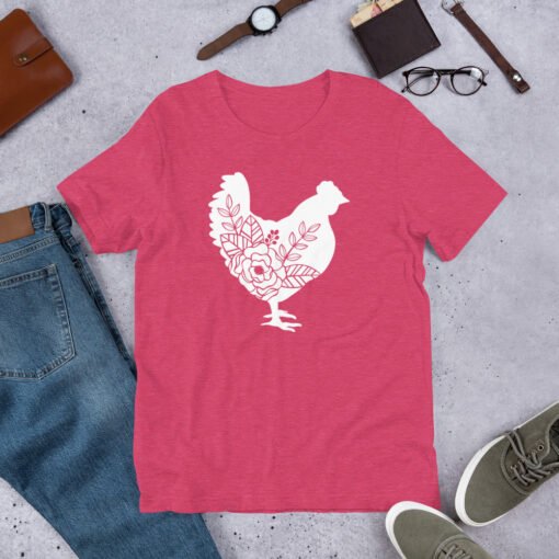 Heather Raspberry Floral Chicken unisex T-shirt – bright raspberry pink shirt featuring a floral chicken print, perfect for chicken moms and farm enthusiasts.