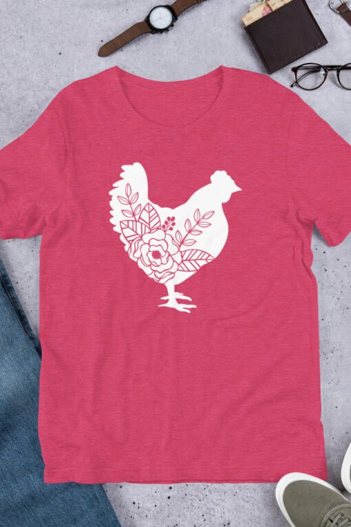 Heather Raspberry Floral Chicken unisex T-shirt – bright raspberry pink shirt featuring a floral chicken print, perfect for chicken moms and farm enthusiasts.