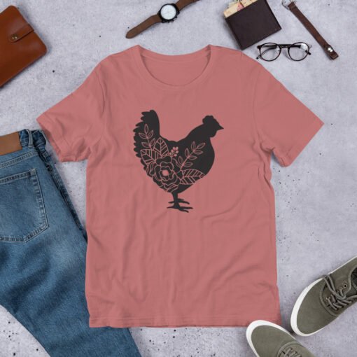 Mauve Floral Chicken unisex T-shirt – soft purple-pink tee with floral chicken art, perfect for stylish farm girls and rustic living fans.
