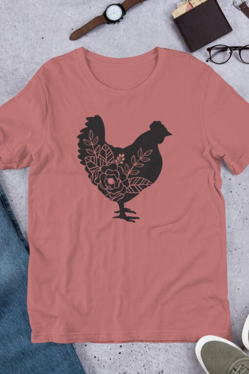 Mauve Floral Chicken unisex T-shirt – soft purple-pink tee with floral chicken art, perfect for stylish farm girls and rustic living fans.