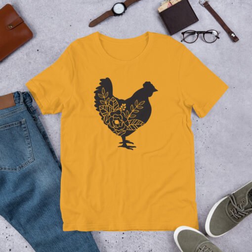Mustard Floral Chicken unisex T-shirt – bold yellow farm-style shirt with artistic chicken and flower print, great for backyard chicken moms.