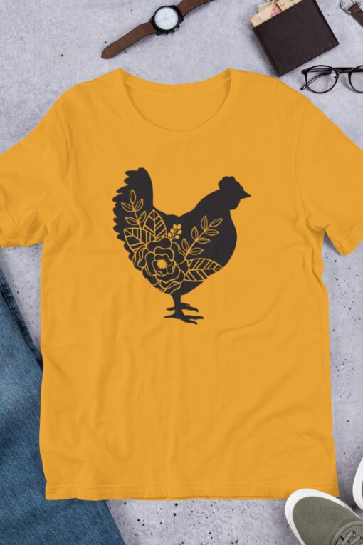 Mustard Floral Chicken unisex T-shirt – bold yellow farm-style shirt with artistic chicken and flower print, great for backyard chicken moms.