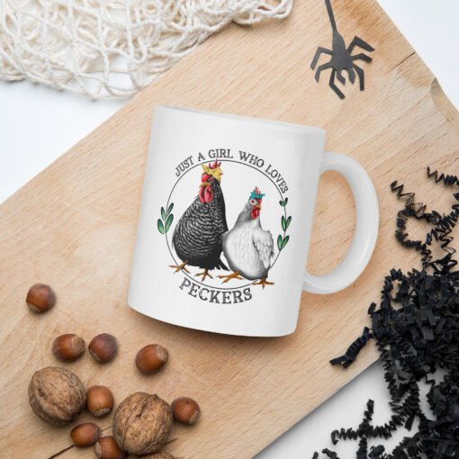 11 oz Just A Girl Who Loves Peckers coffee mug – funny and cheeky ceramic mug perfect for chicken lovers and backyard poultry enthusiasts.