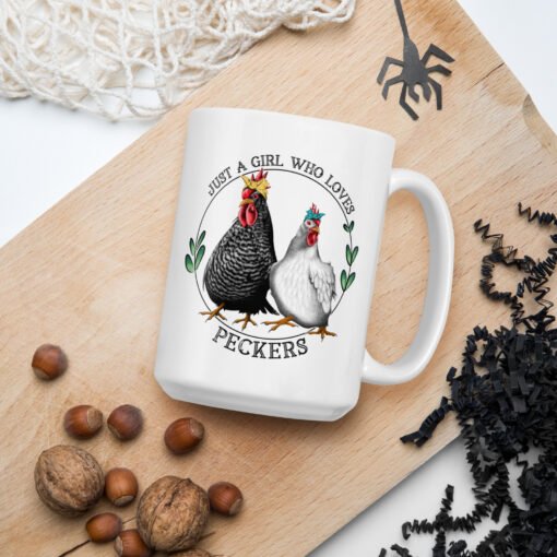 15 oz Just A Girl Who Loves Peckers coffee mug – large ceramic mug with humorous chicken design, ideal gift for poultry fans and farm life lovers.